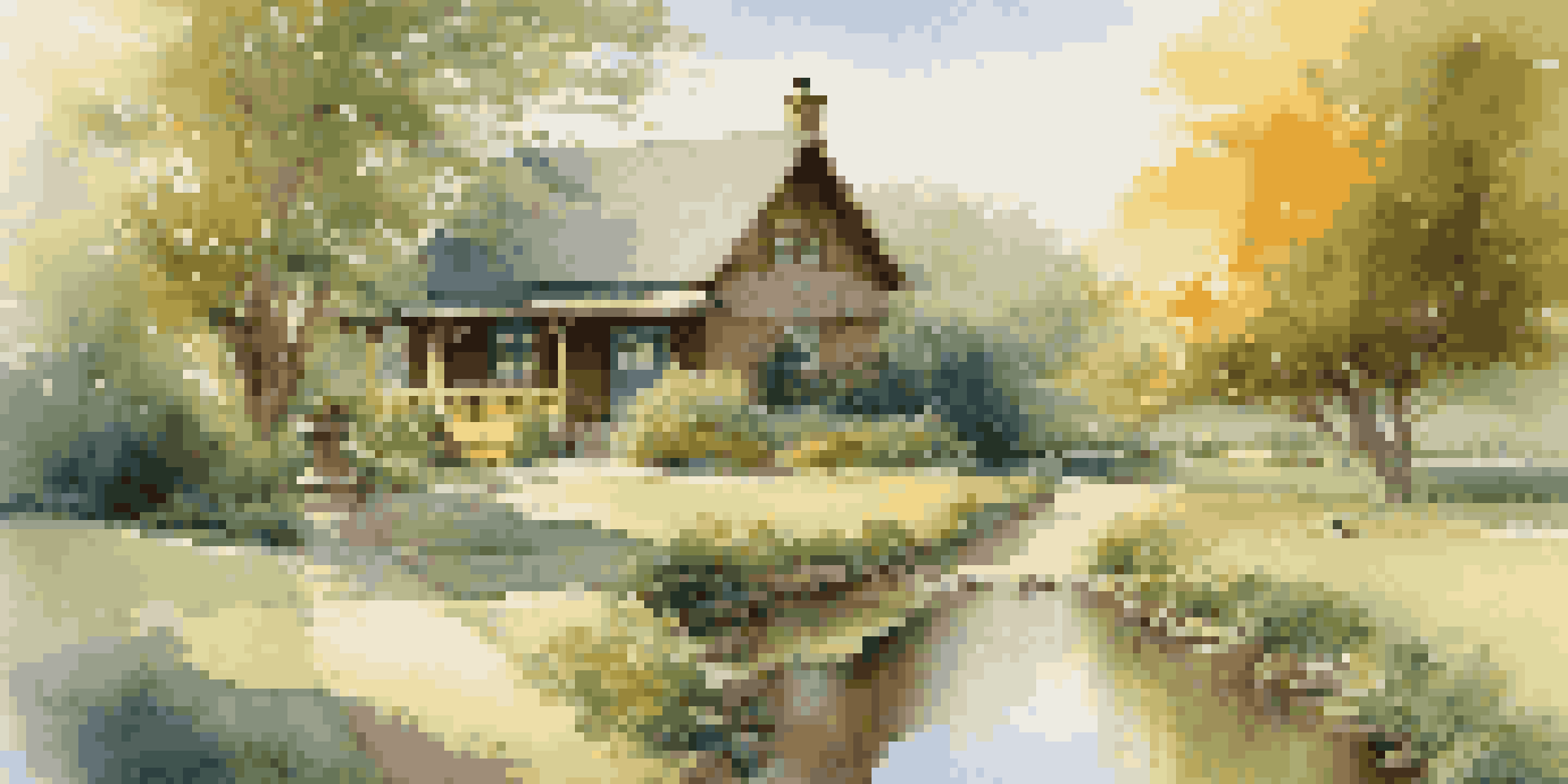 A cozy cottage in a green landscape with a couple walking by a pond under a blue sky.