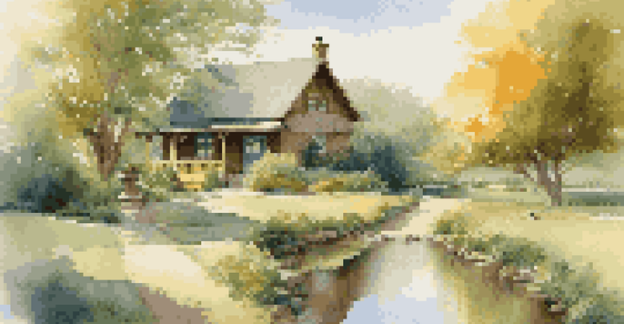 A cozy cottage in a green landscape with a couple walking by a pond under a blue sky.