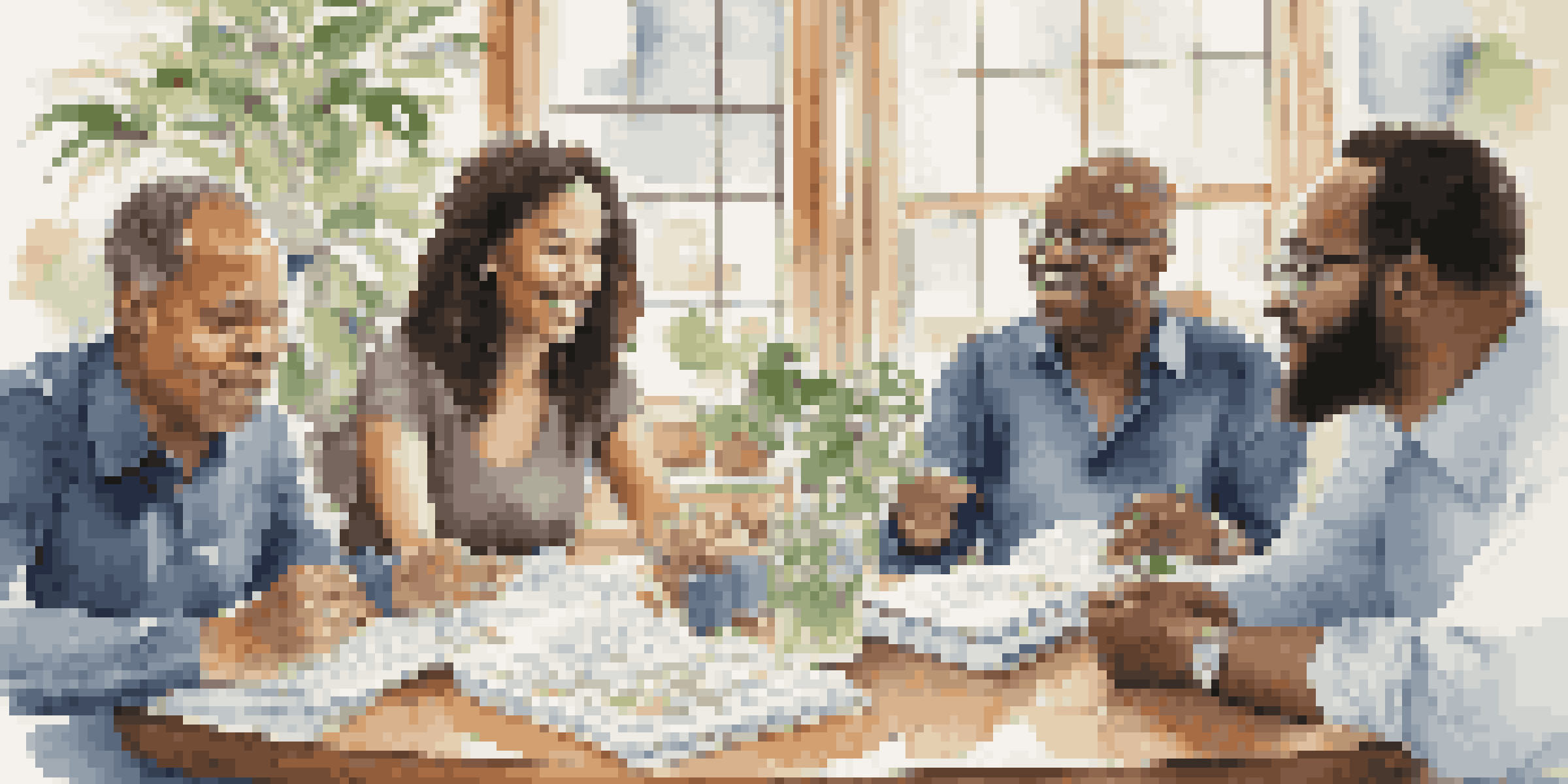 A diverse group of adults sitting around a table discussing investments with books and charts, in a well-lit room.