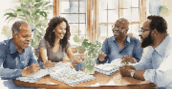 A diverse group of adults sitting around a table discussing investments with books and charts, in a well-lit room.