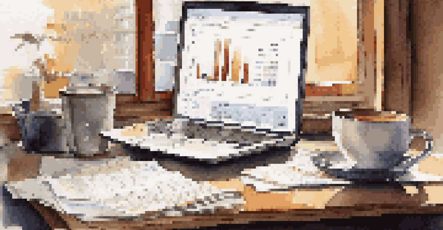 An investor's workspace with financial reports, a laptop showing stock graphs, and coffee, illuminated by morning light creating soft shadows.