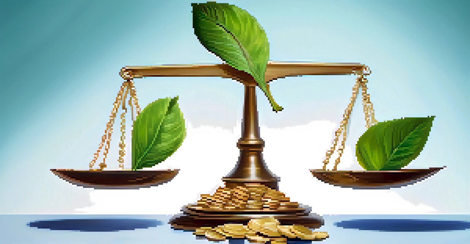 A balancing scale with coins on one side and green leaves on the other, symbolizing investment and tax credits.