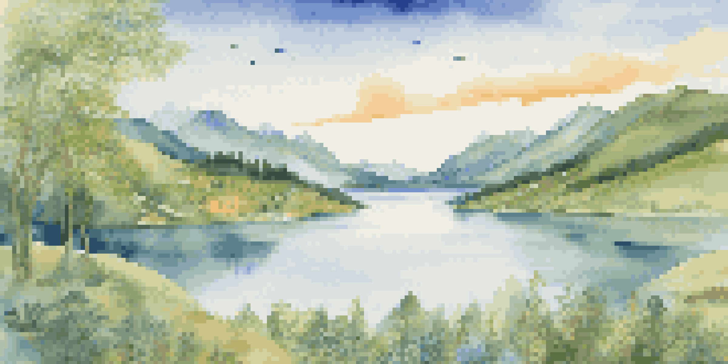 A calm landscape with a lake and hills representing a diversified investment portfolio, incorporating financial symbols.