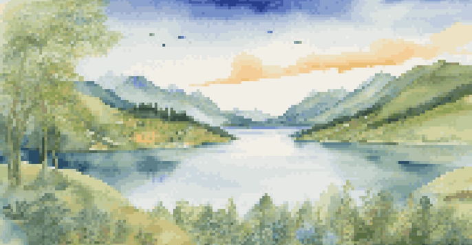 A calm landscape with a lake and hills representing a diversified investment portfolio, incorporating financial symbols.