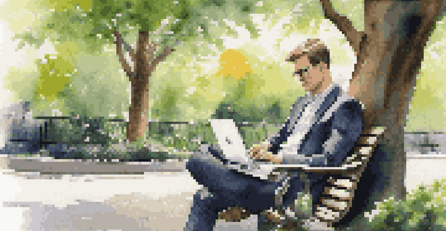 A young professional sitting on a park bench with a laptop and notepad, reviewing investment options in a green park.