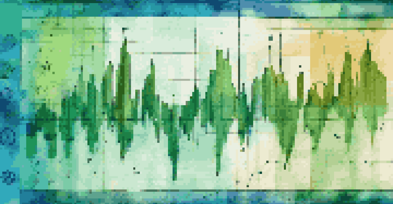 An artistic representation of a stock market chart with arrows and economic indicator symbols on a colorful background.