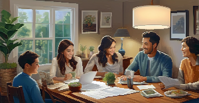 A family sitting around a dining table, discussing finances with papers and a laptop open, creating a warm atmosphere.