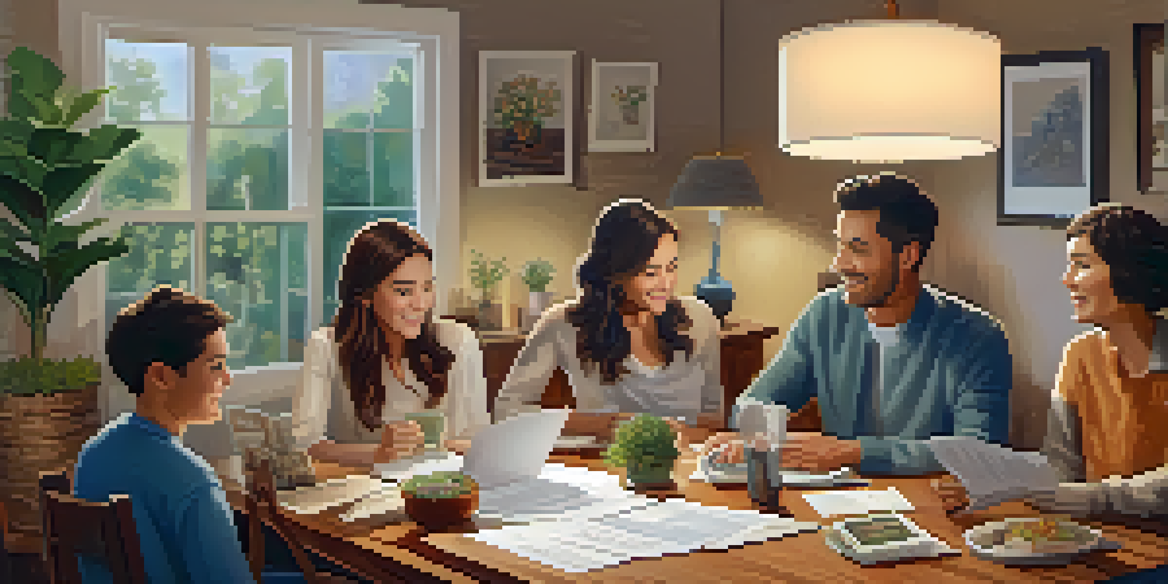 A family sitting around a dining table, discussing finances with papers and a laptop open, creating a warm atmosphere.