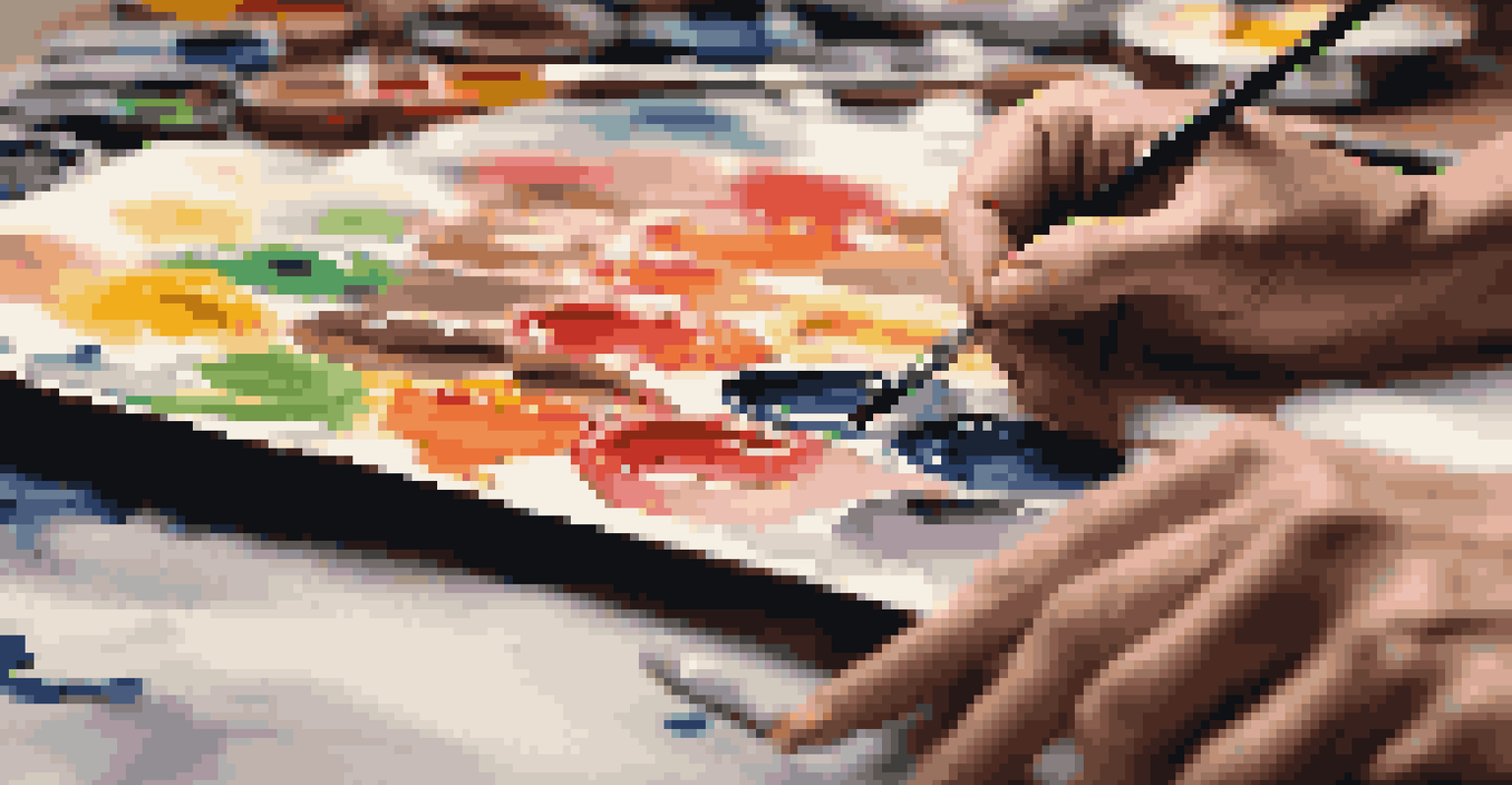 An artist's hands painting a canvas with vibrant colors, surrounded by an art studio filled with supplies and soft lighting.