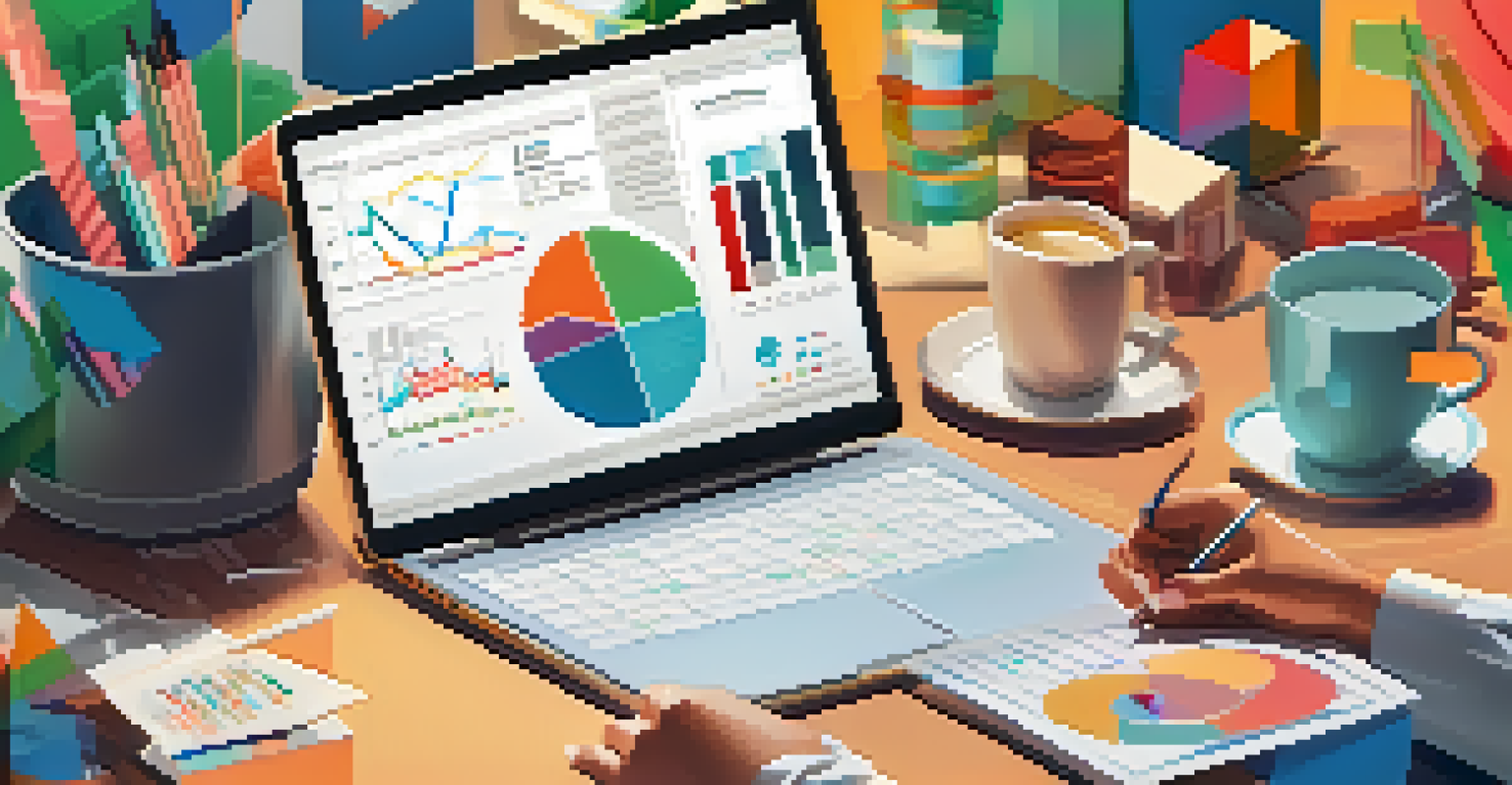 Close-up of hands using a financial assessment tool on a laptop surrounded by colorful graphs and stationery.