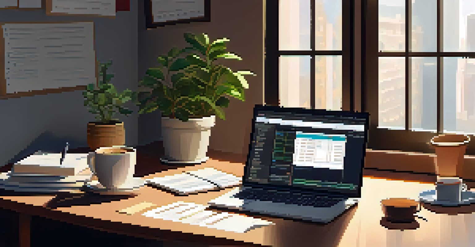 A well-organized investor's desk with a laptop and research materials in a cozy light.