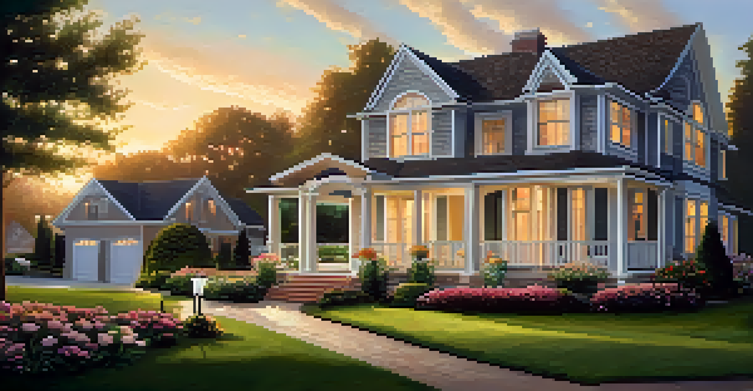 A charming suburban house with a manicured lawn and a family enjoying time in the yard at sunset.