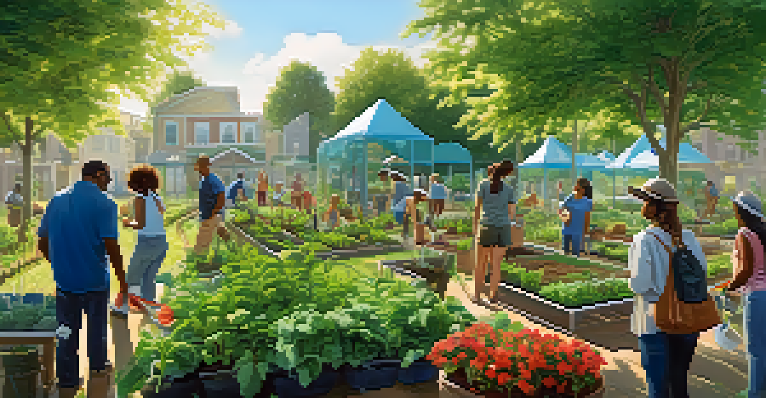 A community garden scene with diverse individuals planting and discussing sustainability under a blue sky.