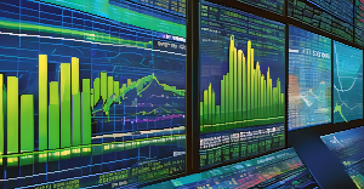 An abstract digital display showing fluctuating stock prices, with a hand interacting with the screen.