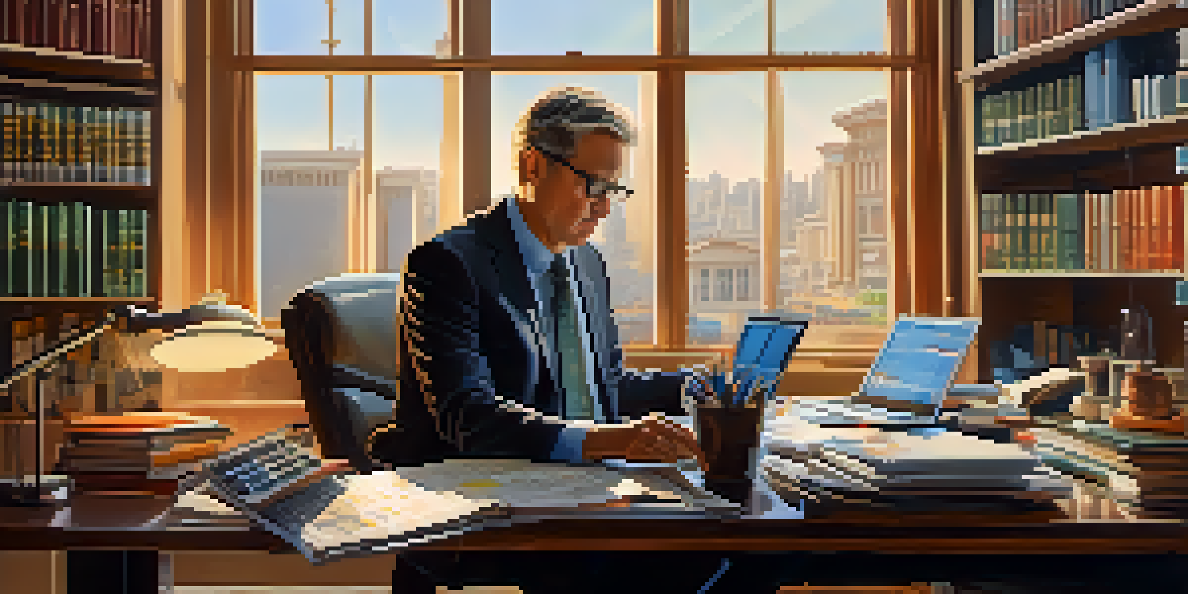 A financial analyst working at a desk filled with charts and graphs, illuminated by warm sunlight, with a bookshelf and a plant in the background.