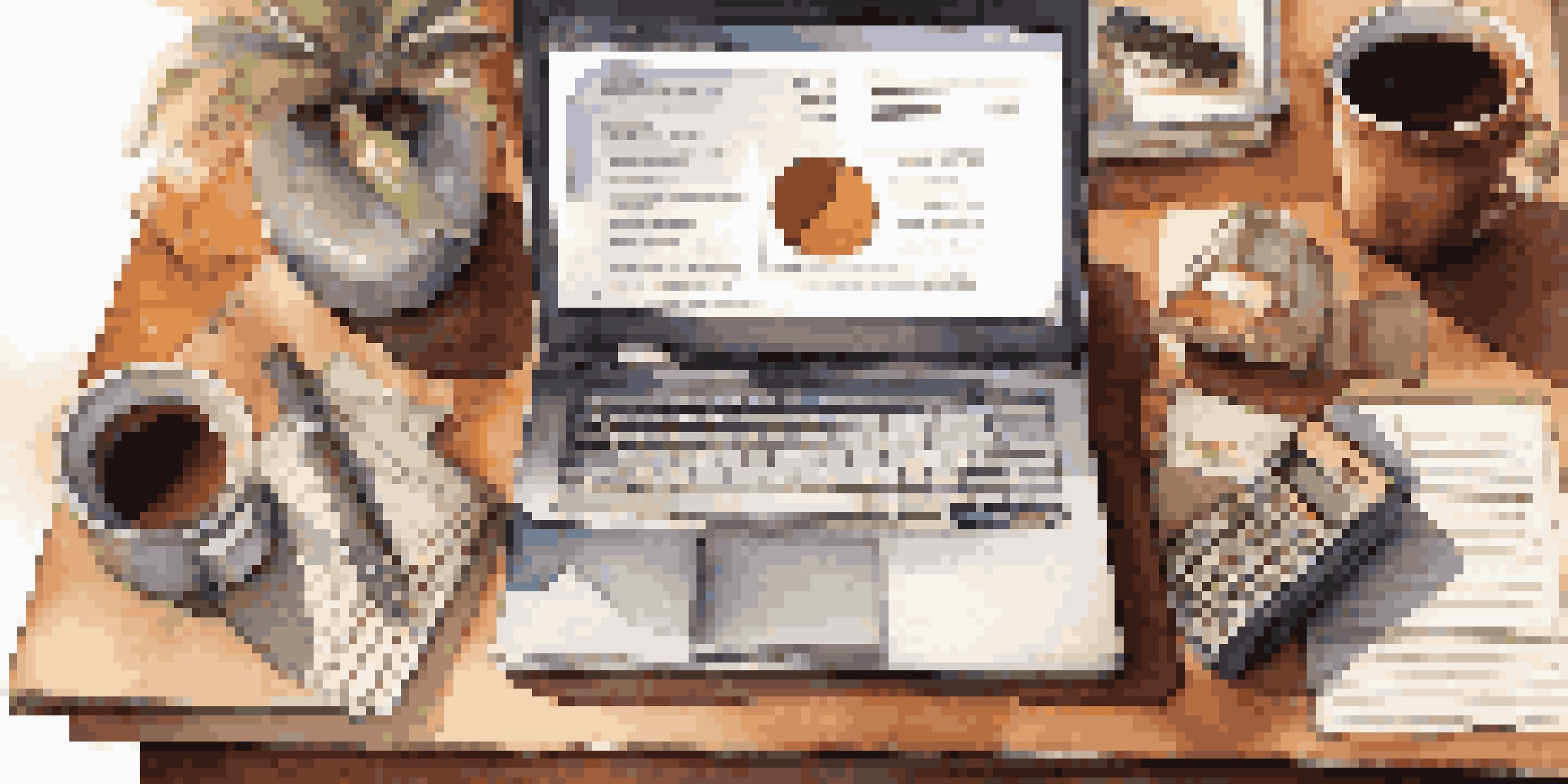 An organized desk with a laptop, financial documents, a calculator, and a cup of coffee, illuminated by sunlight.