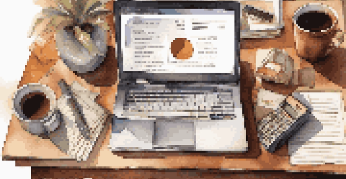 An organized desk with a laptop, financial documents, a calculator, and a cup of coffee, illuminated by sunlight.