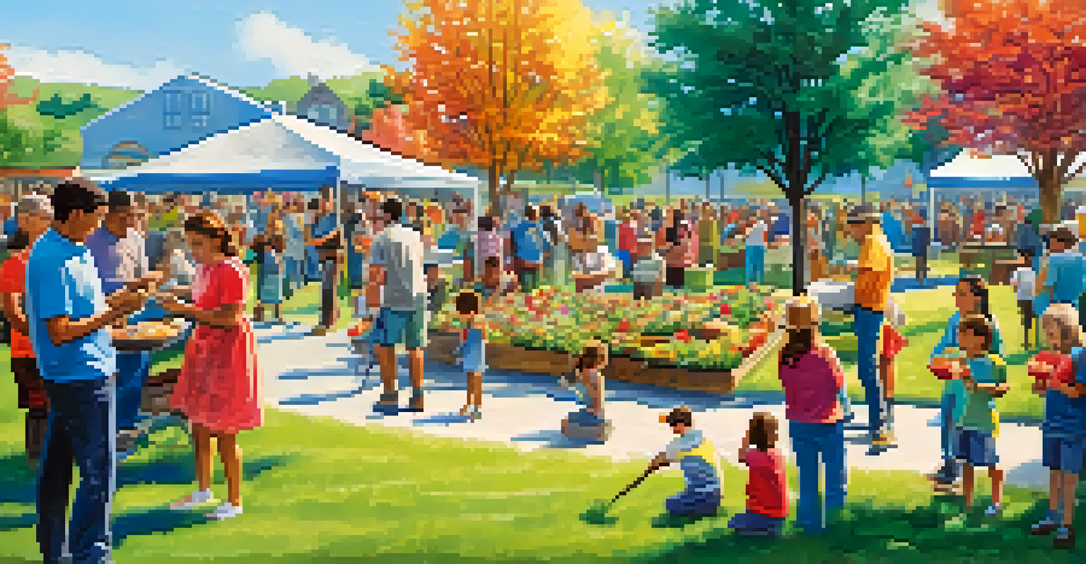 A lively outdoor community event with diverse participants painting, planting, and enjoying food under a clear blue sky.