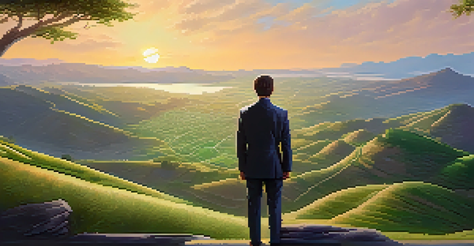 A thoughtful investor overlooking a green valley at sunset, symbolizing long-term investment.