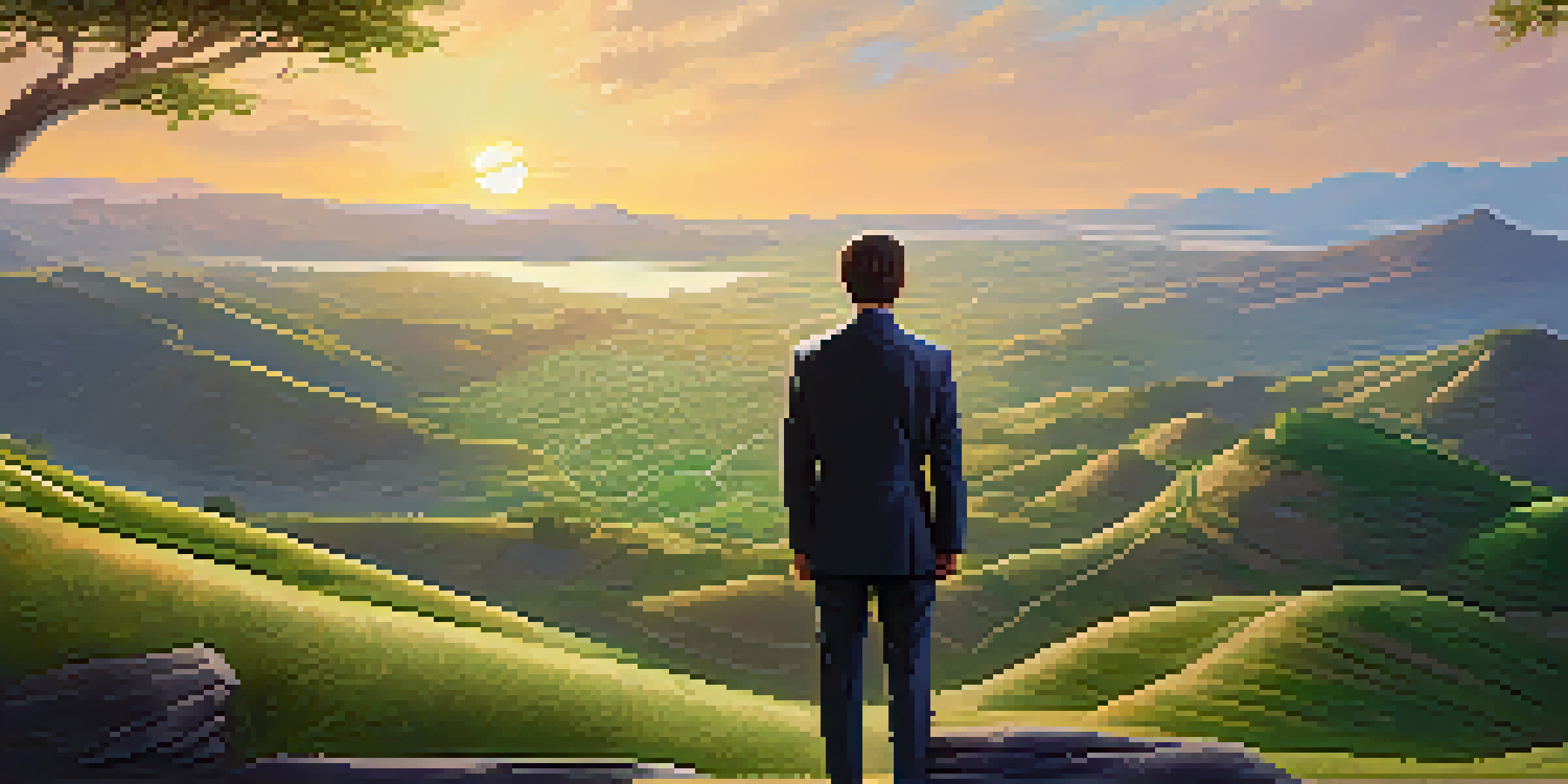 A thoughtful investor overlooking a green valley at sunset, symbolizing long-term investment.