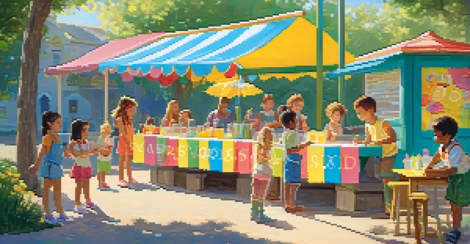 A young girl at a colorful lemonade stand serving lemonade to children on a sunny day.