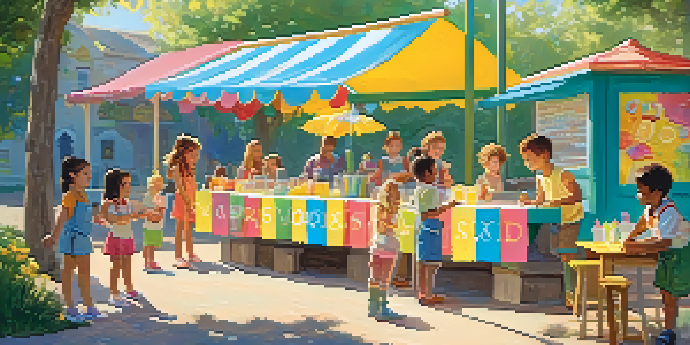 A young girl at a colorful lemonade stand serving lemonade to children on a sunny day.