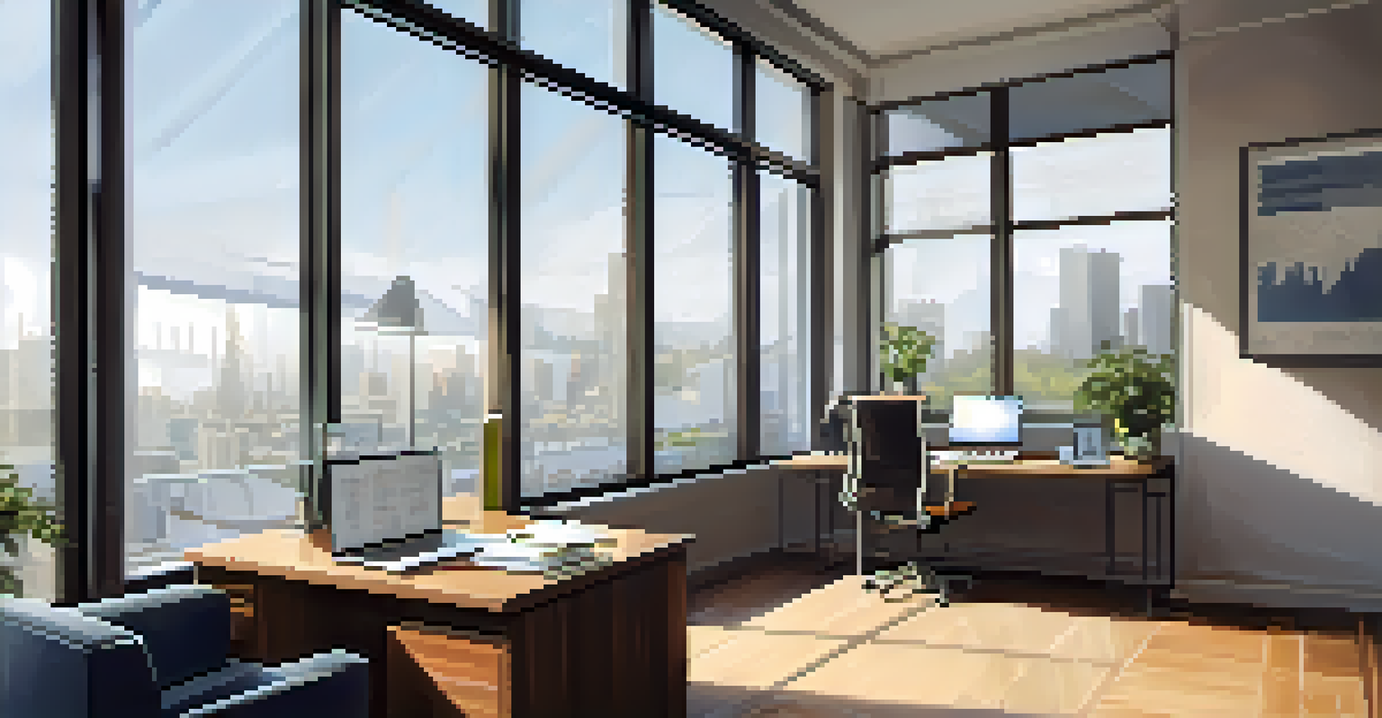A modern office desk with a laptop and financial graphs.