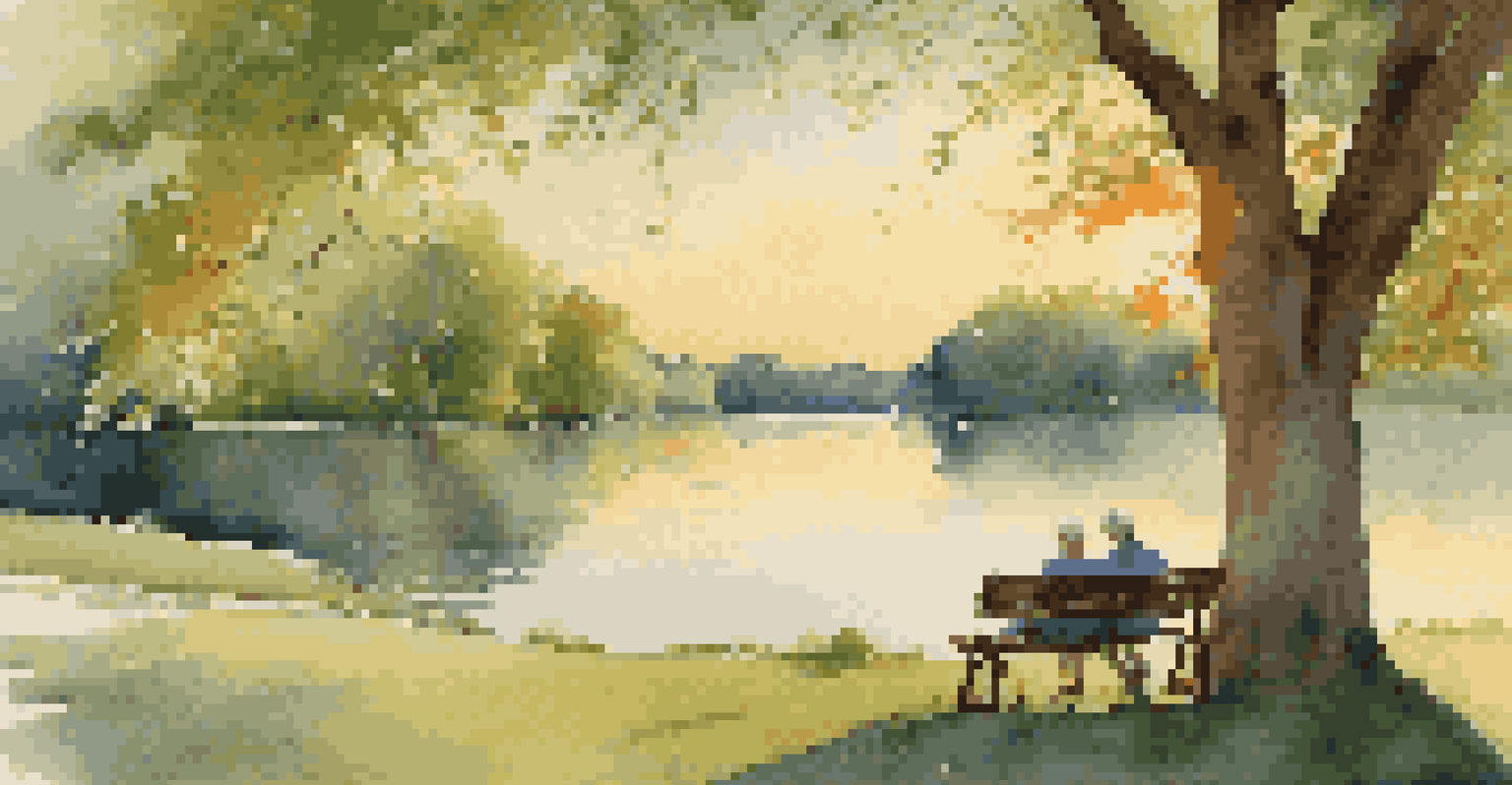 A couple having a picnic in a peaceful park by a lake during sunset, surrounded by flowers and trees.