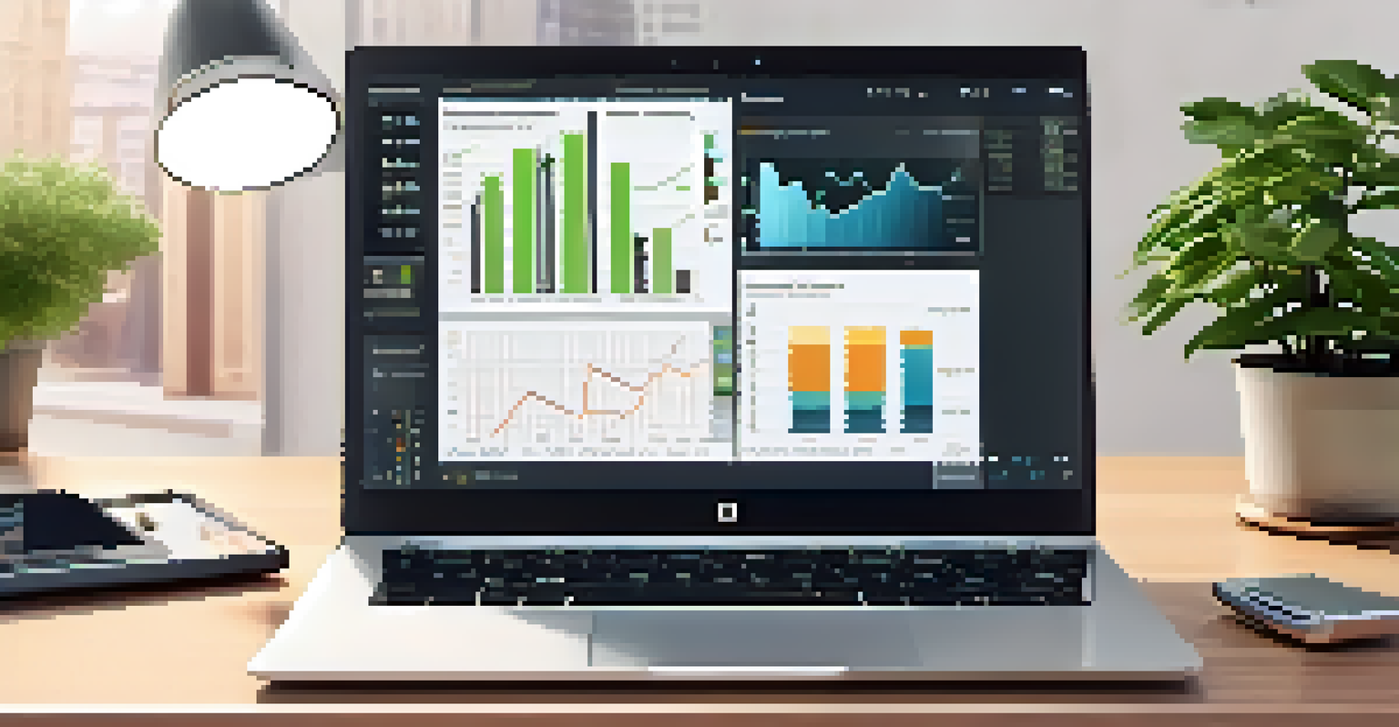 A modern office desk with a laptop displaying financial graphs, a smartphone with stock alerts, and a potted plant.