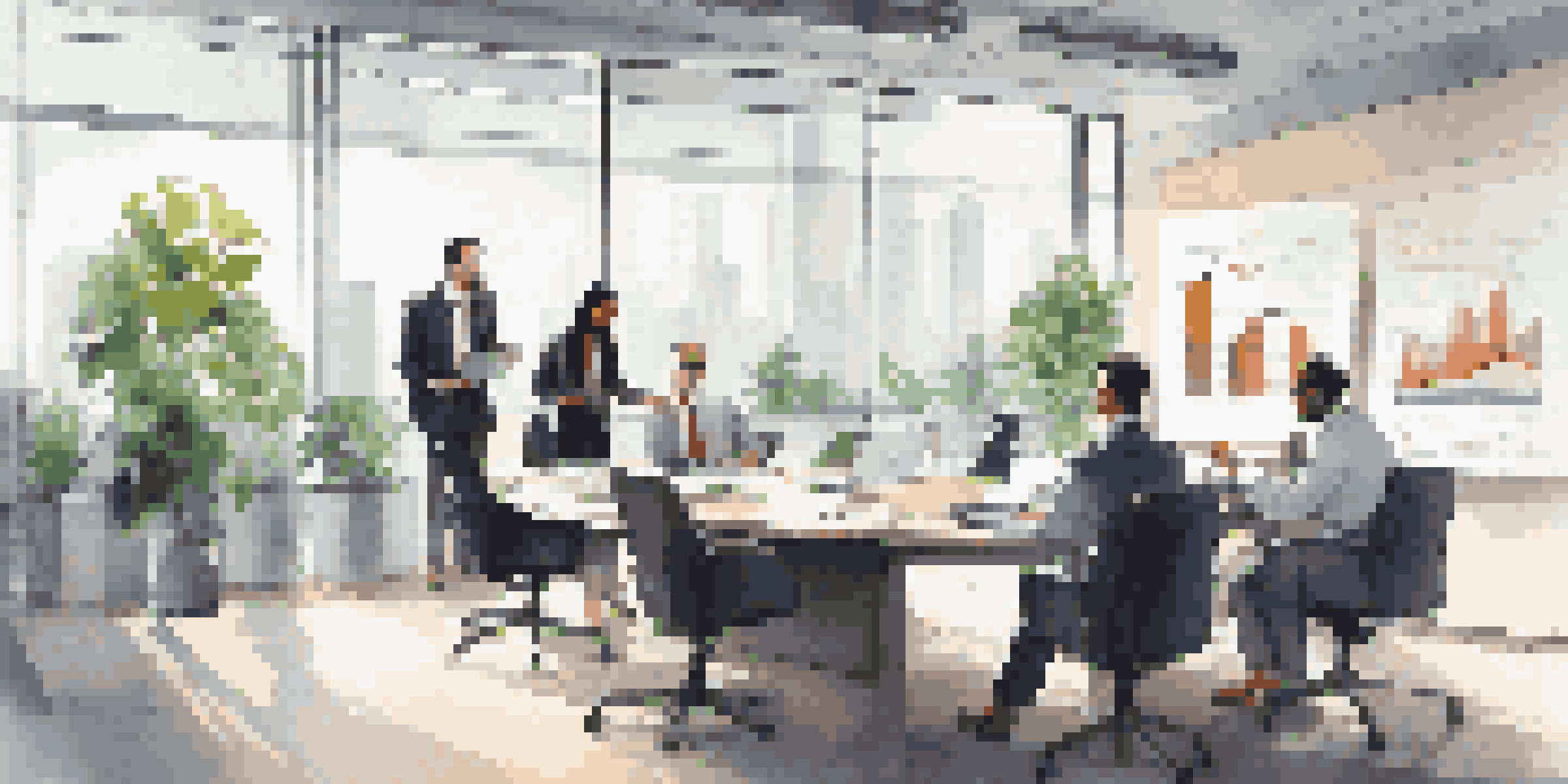 A diverse team of professionals discussing financial reports in a modern office setting with charts displayed on a screen.