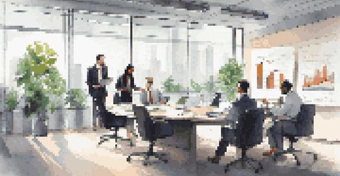 A diverse team of professionals discussing financial reports in a modern office setting with charts displayed on a screen.