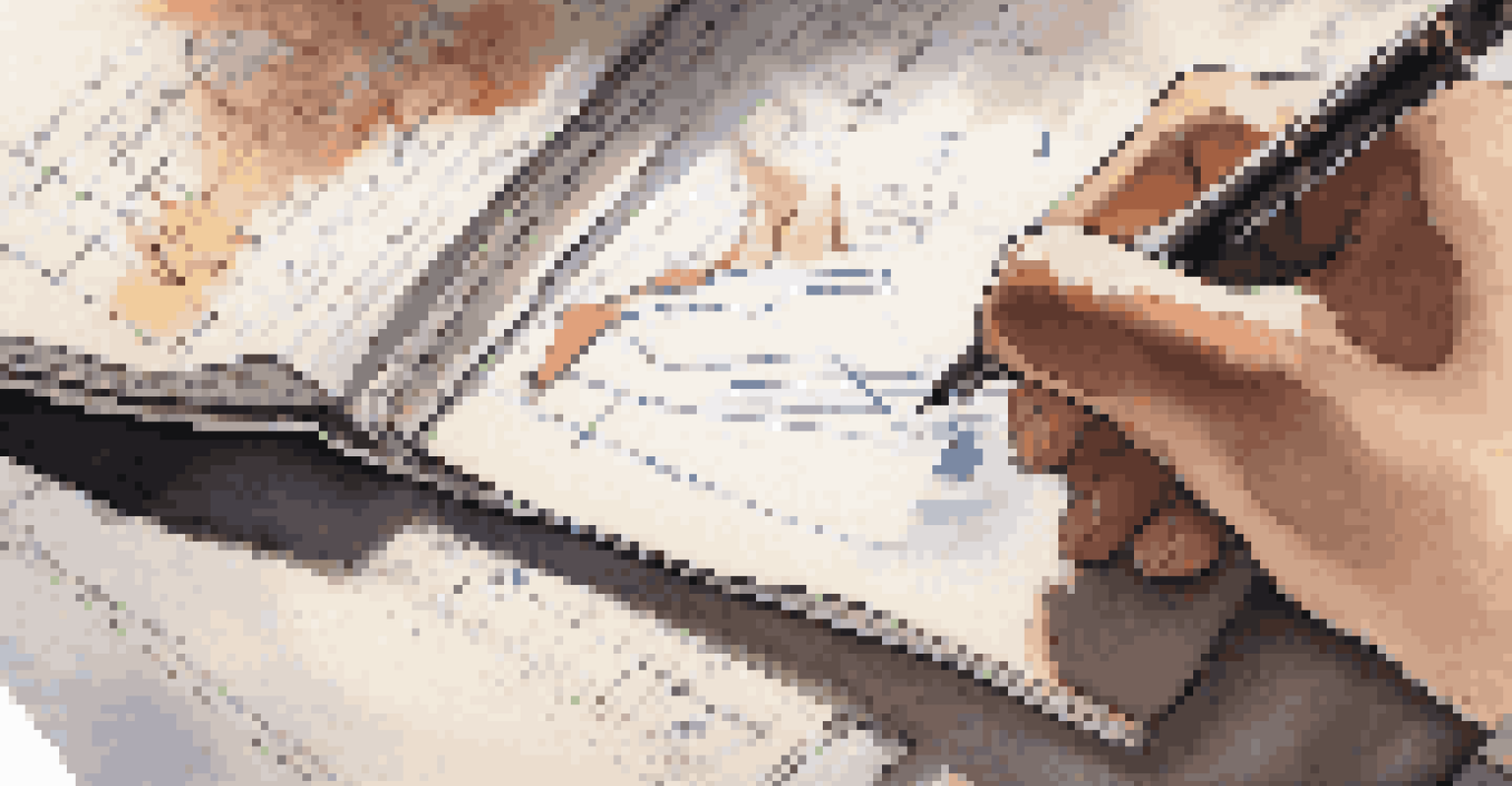 Close-up of hands writing in a notebook with financial charts in the background, illuminated by a warm desk lamp.