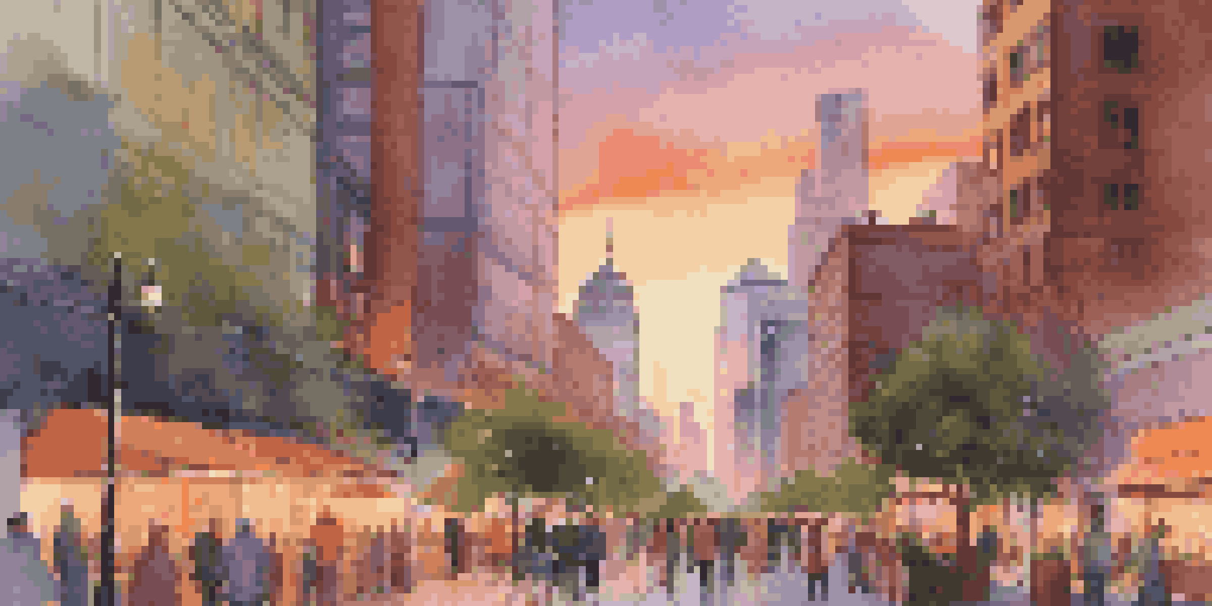 A vibrant city skyline at sunset with modern skyscrapers and traditional architecture, busy street with people, and cafes.