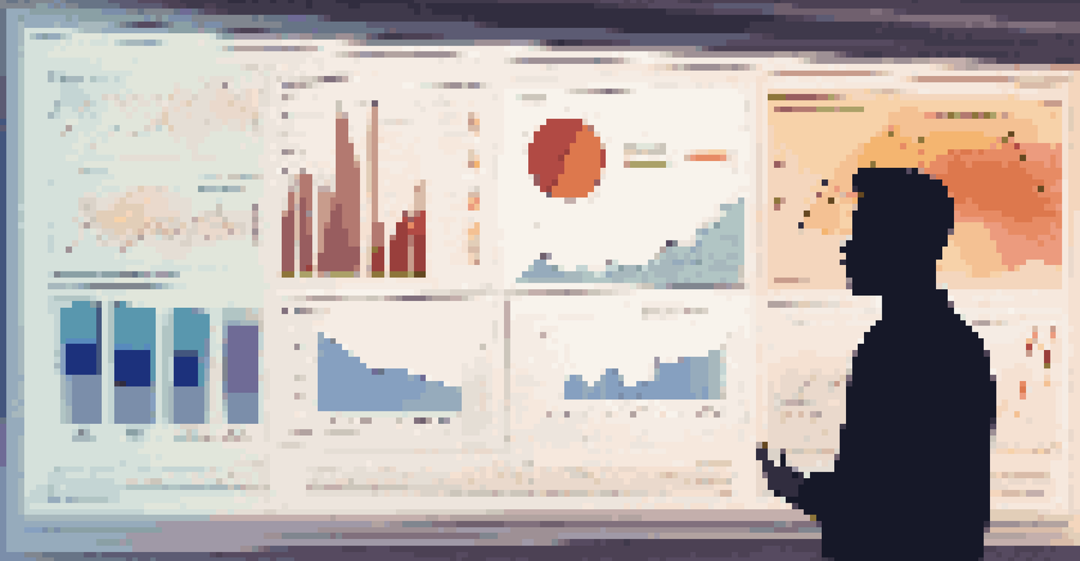 An abstract representation of feedback analysis with colorful graphs displayed on a digital screen and a silhouette of a person in the background.