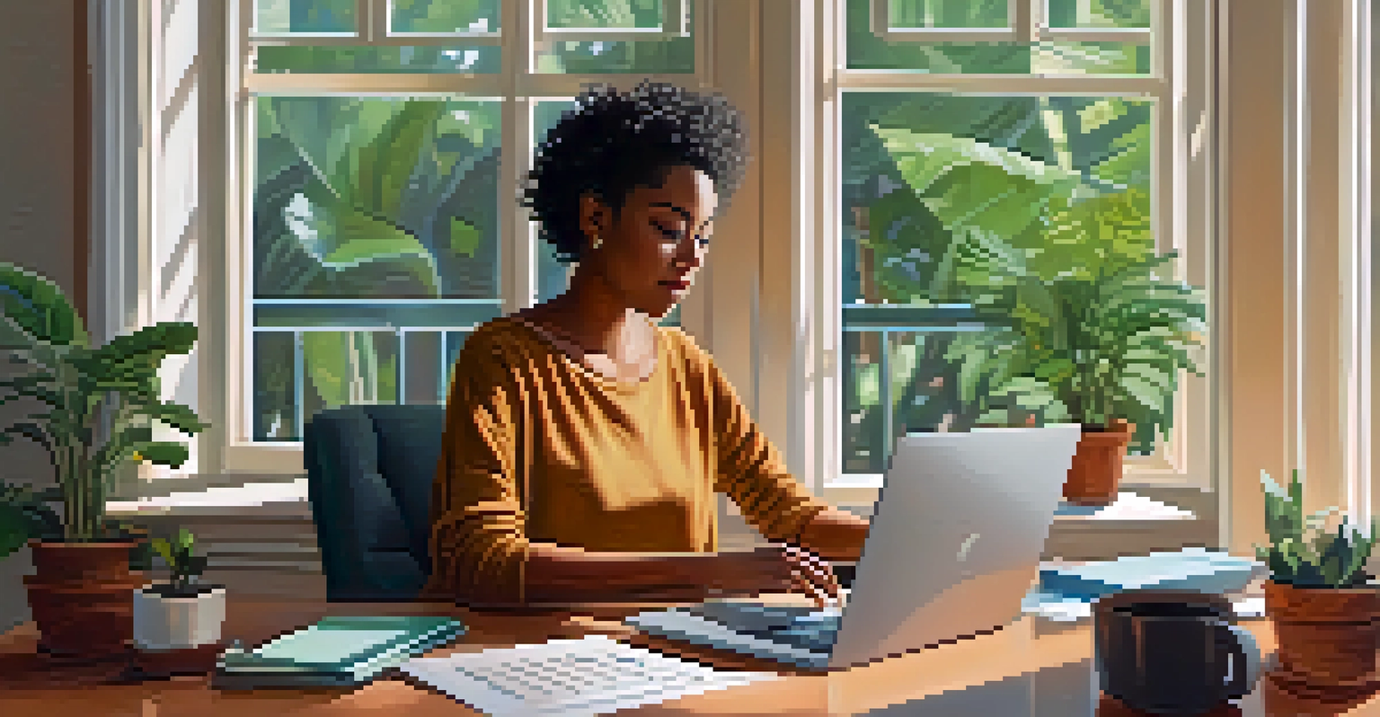A person at a desk in a cozy living room, looking at their credit score on a laptop, with plants and natural light creating a calm atmosphere.
