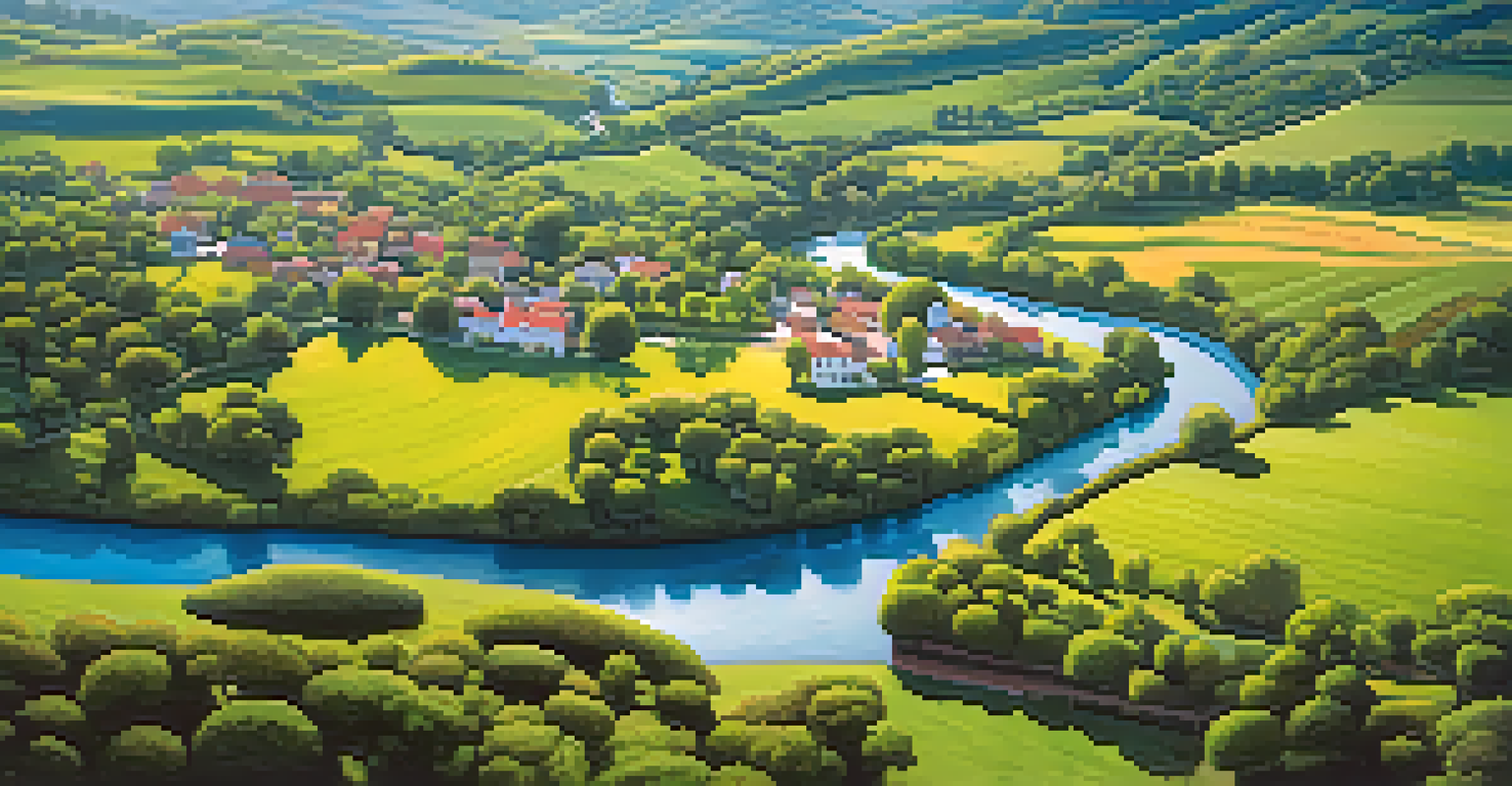 An aerial view of a green landscape featuring hills, a river, and a small village, illuminated by sunlight under a blue sky.