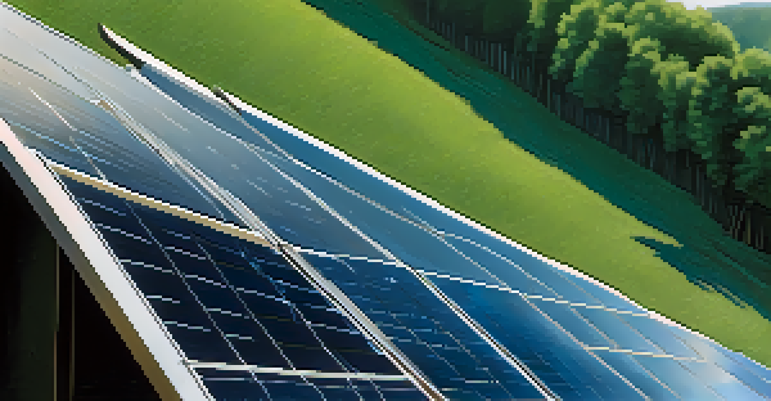 A close-up of a solar panel showing its texture and design, with a blurred green landscape in the background.