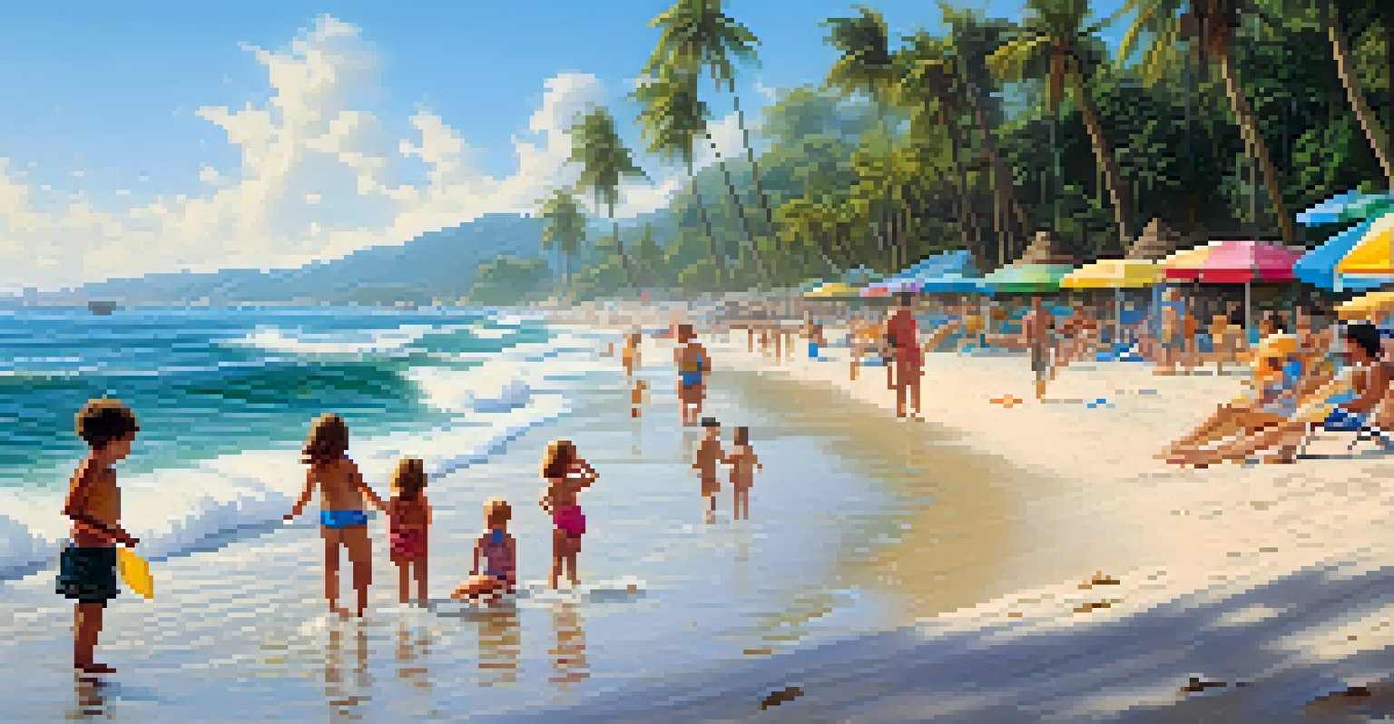 A vibrant summer beach scene with families, sandcastles, and colorful umbrellas under a clear blue sky.