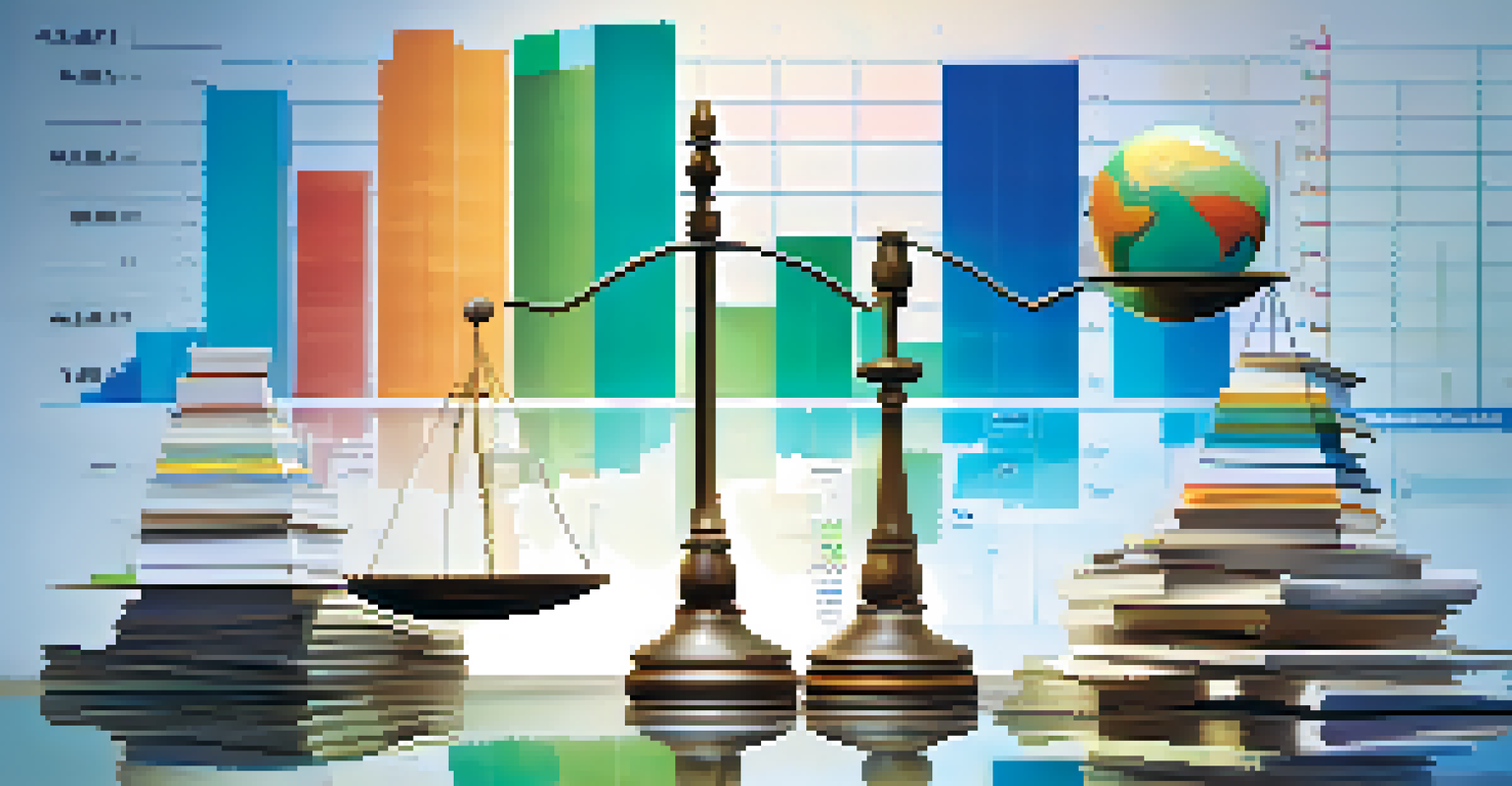A balanced scale with stocks, bonds, and real estate, symbolizing a diversified investment strategy against a blue-green gradient background.