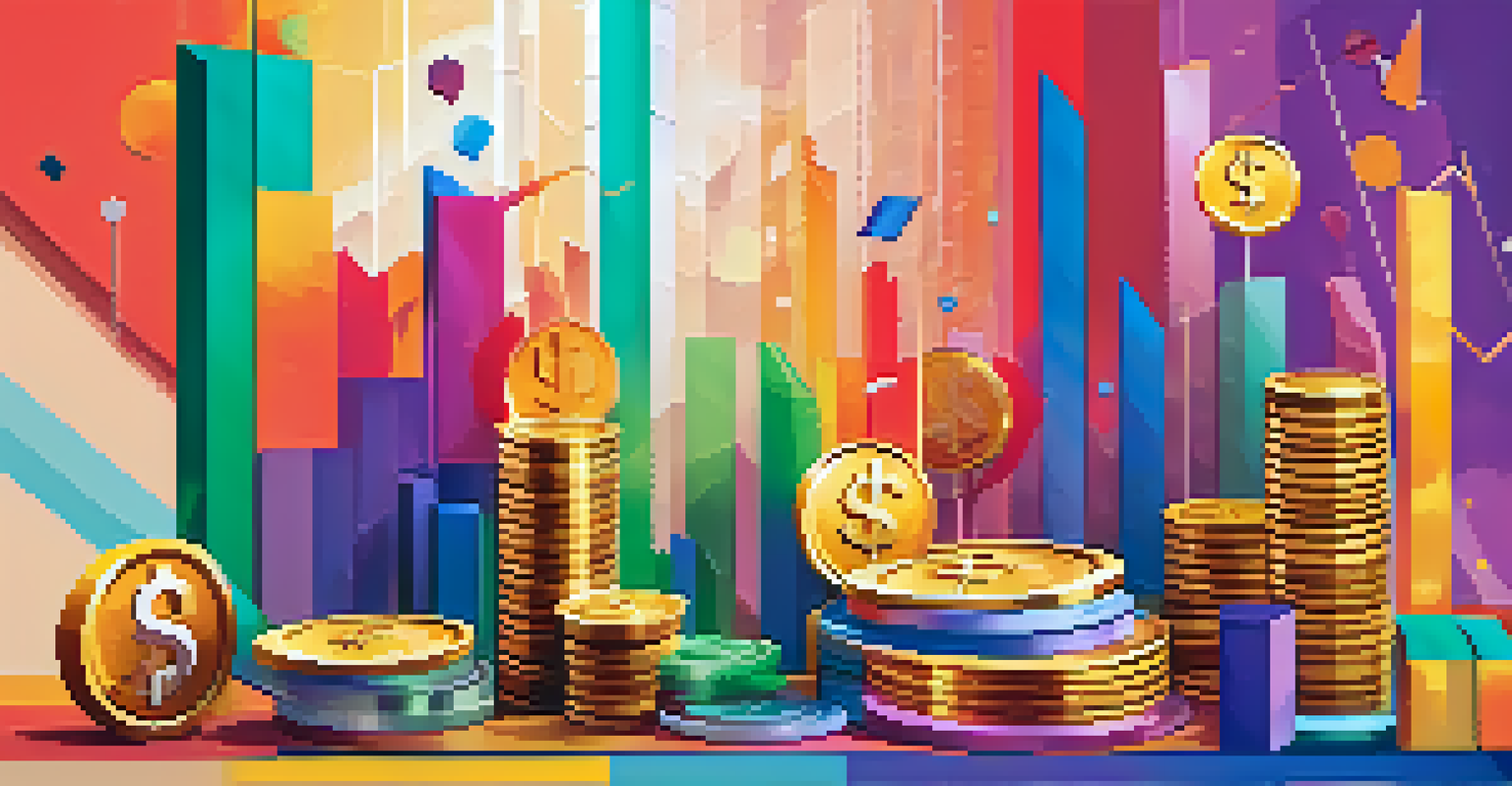An abstract graph representing financial growth with dollar signs and coins in vibrant colors.