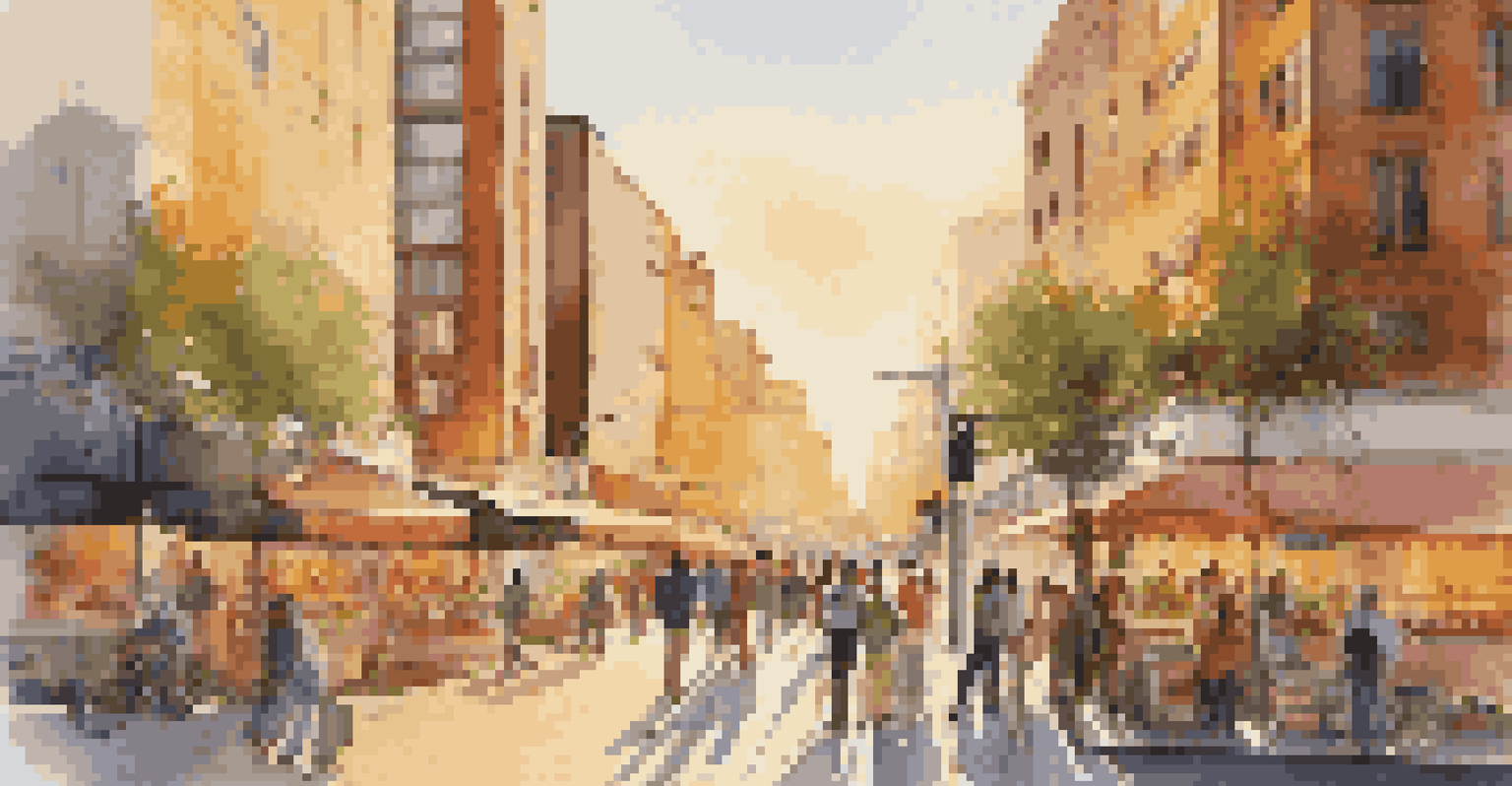 A vibrant urban street scene at sunset, with people walking and modern buildings reflecting sunlight.