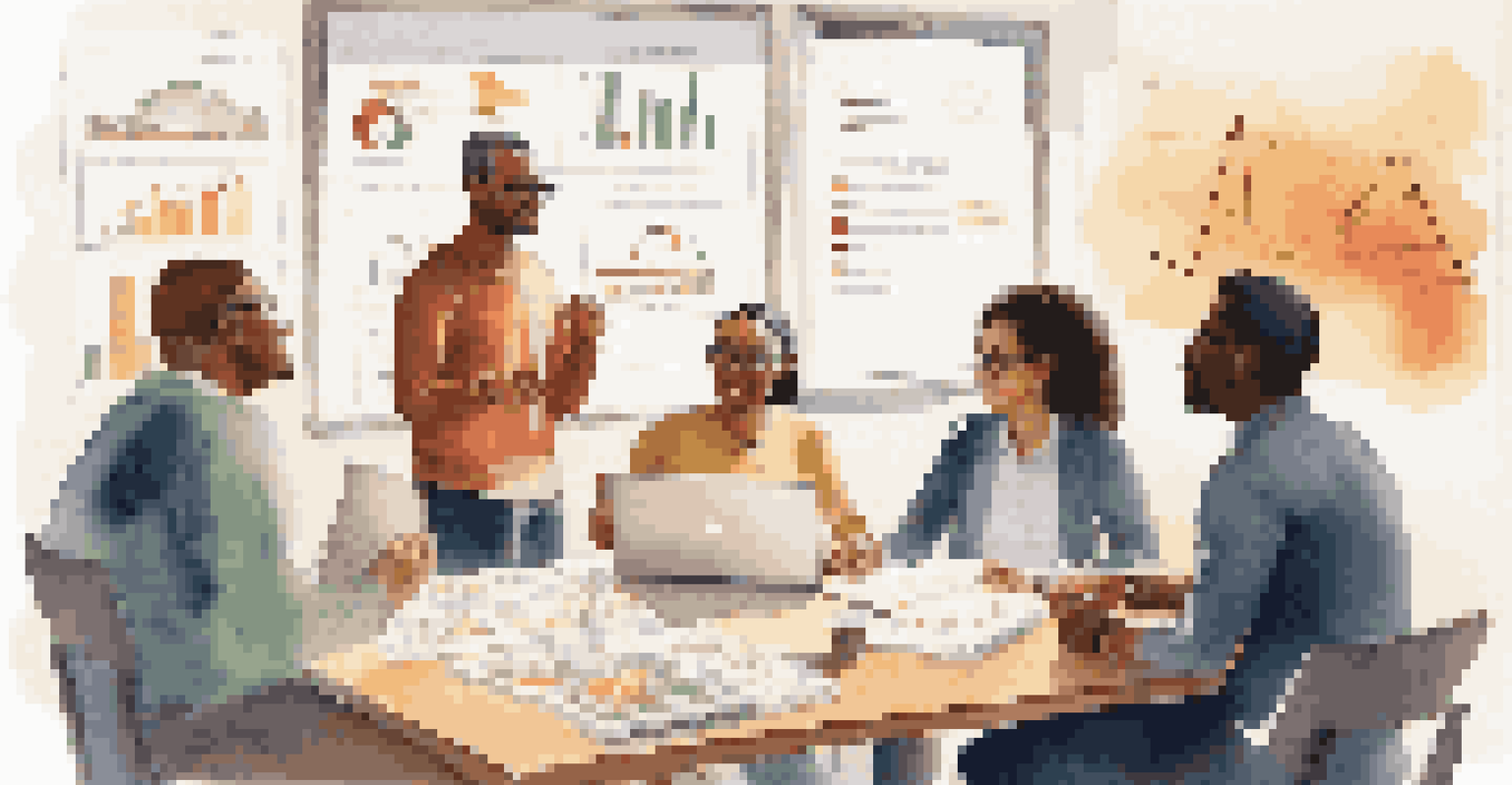 A diverse group discussing personal finance at a table, with charts on a whiteboard and warm sunlight.