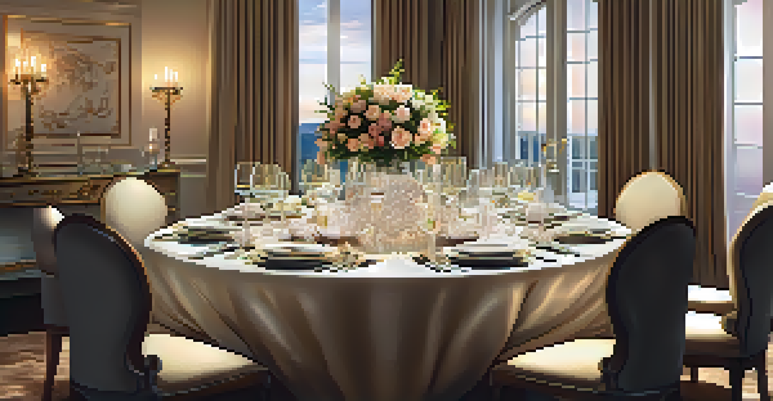 A beautifully set dining table for a formal dinner with candles and flowers.