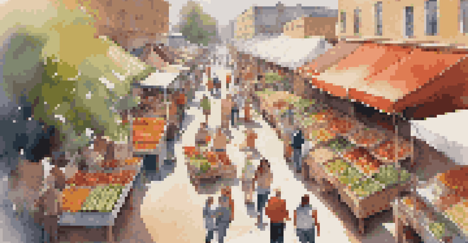 A busy farmer's market with colorful stalls of fruits, vegetables, and flowers, filled with shoppers and vendors under the warm sunlight.