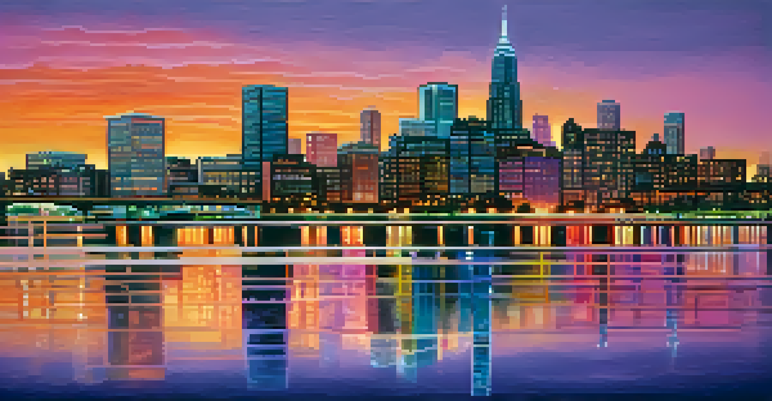 A city skyline at dusk with illuminated skyscrapers and a colorful sunset reflected in the river.