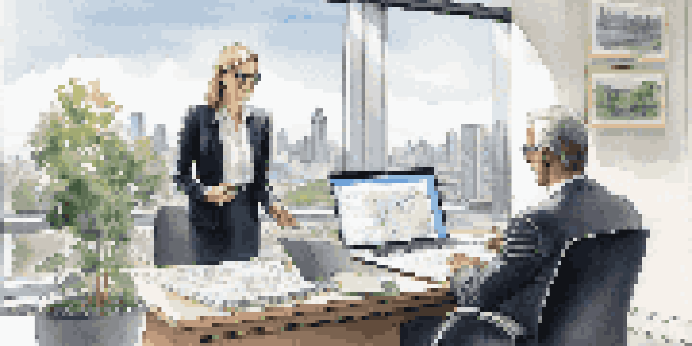 A woman financial advisor discusses financial documents with a man in a bright office with city views.
