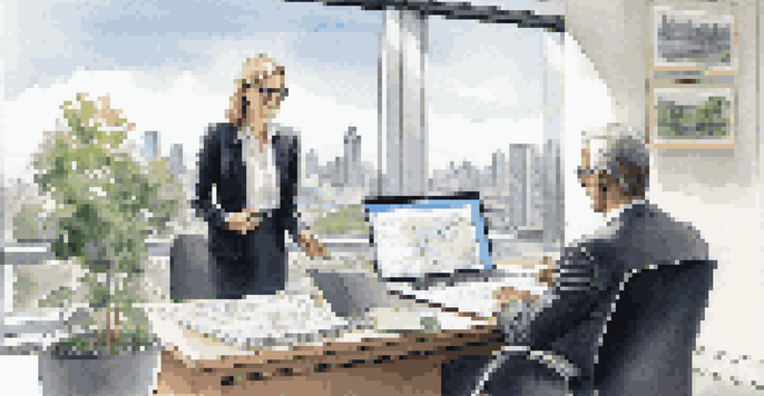 A woman financial advisor discusses financial documents with a man in a bright office with city views.