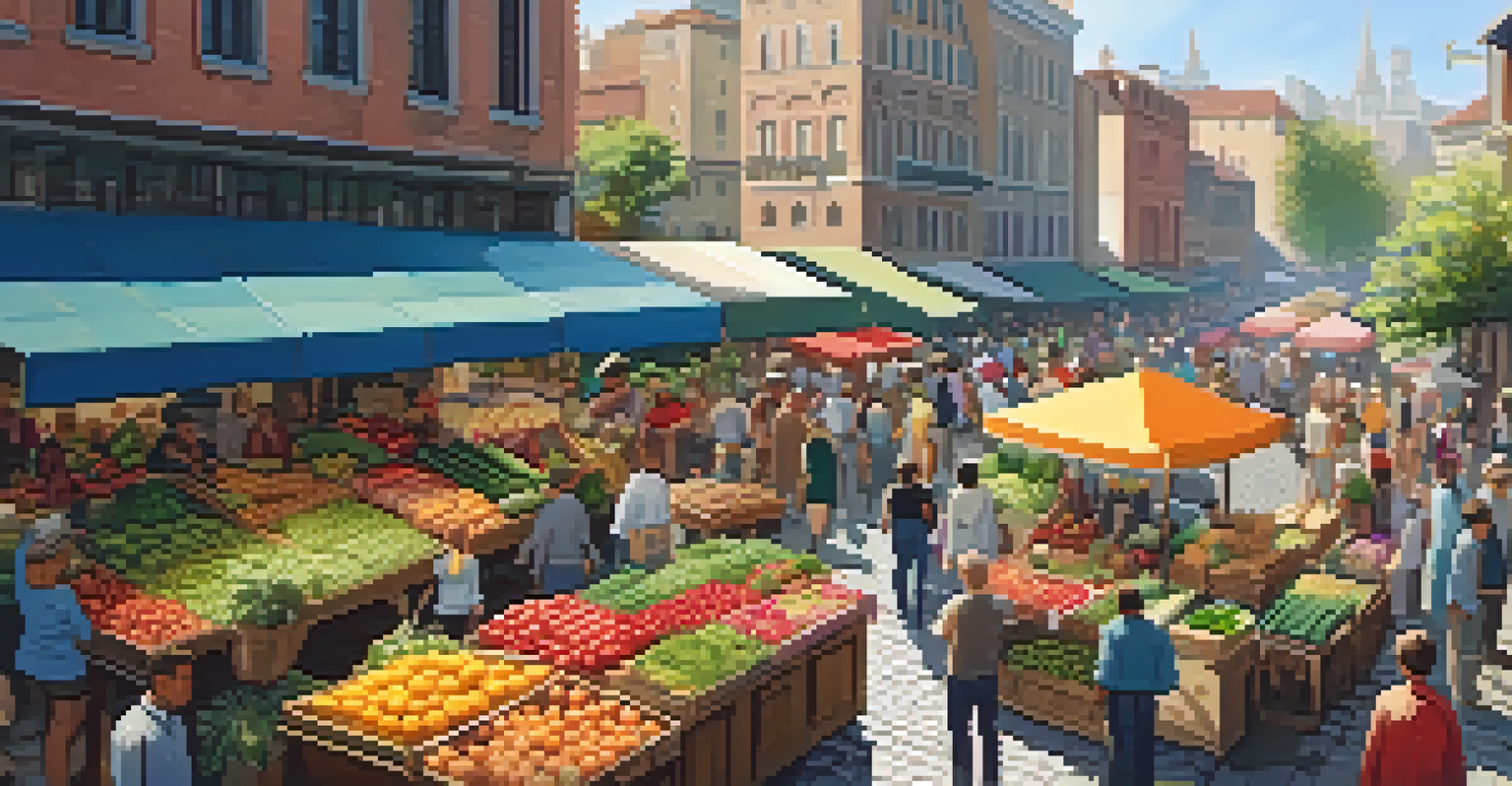A vibrant city market filled with colorful stalls and people shopping for fresh produce and flowers.