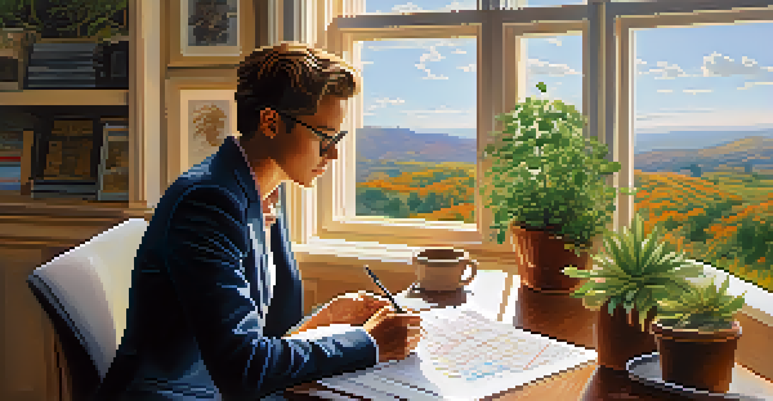 A young professional working at a desk with charts on a laptop, sunlight illuminating the room filled with plants.