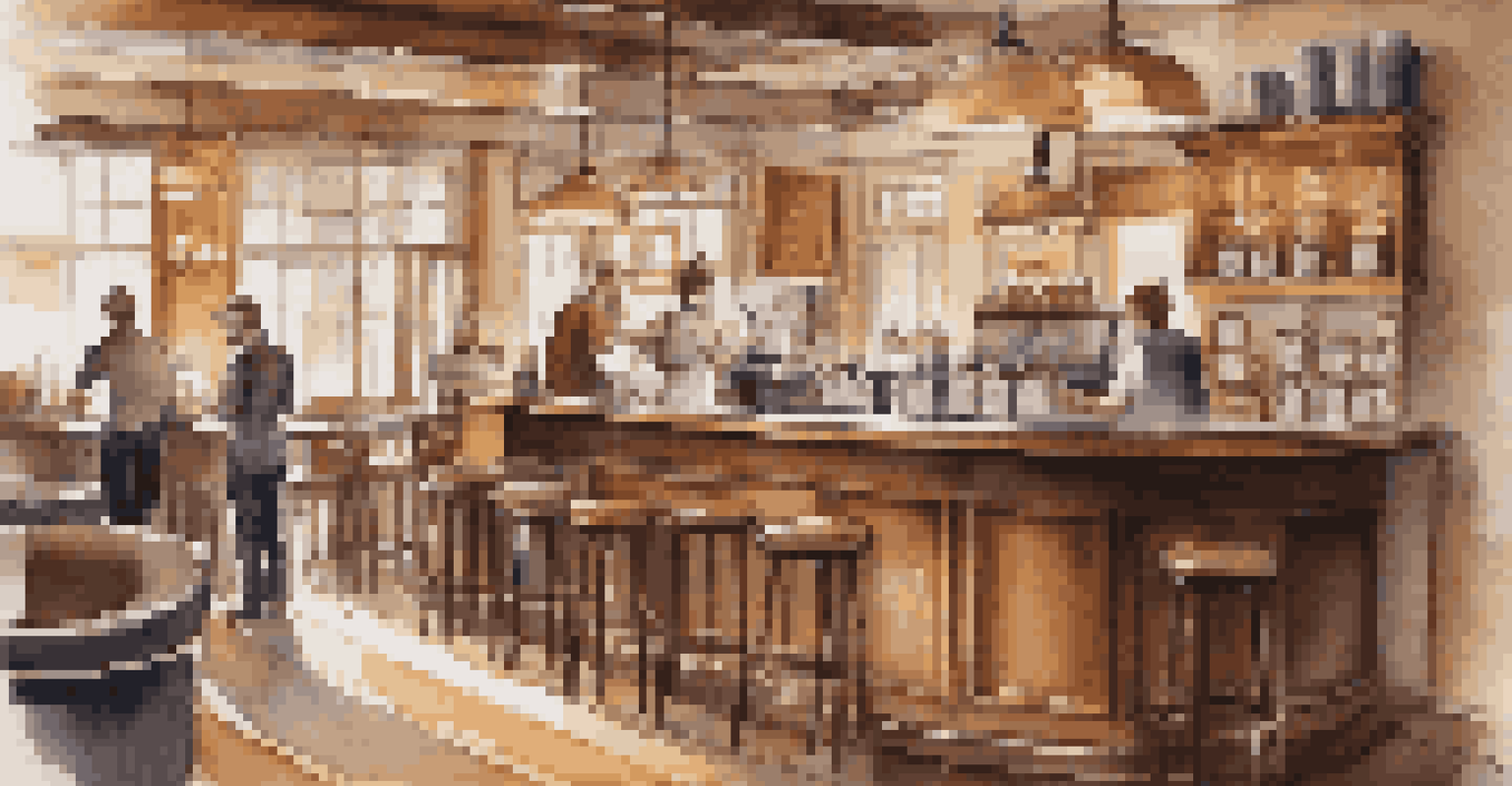 A cozy coffee shop interior with wooden furniture and baristas preparing drinks, creating a warm atmosphere.